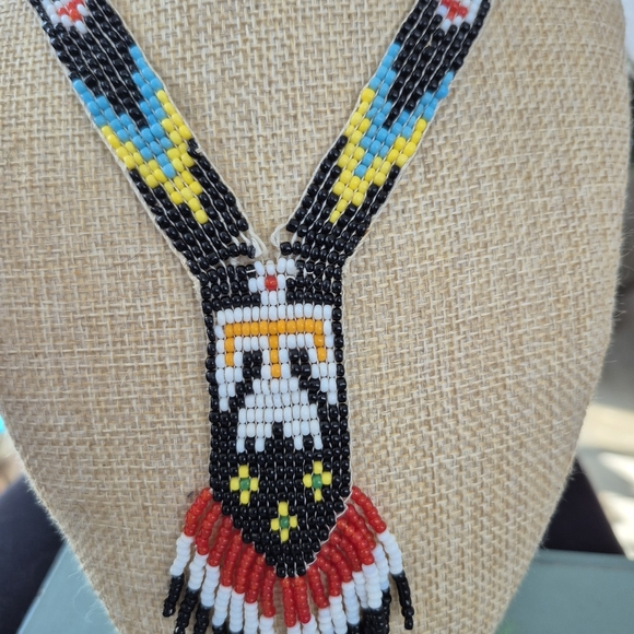 Native Beaded Necklace - Black, Red, Yellow, Blue - Picture 7 of 9